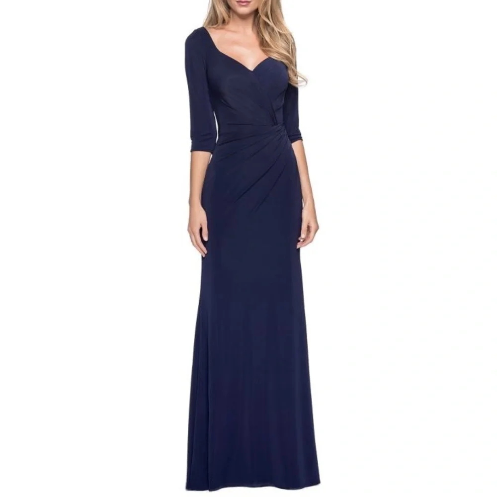 NWT La Femme 26955 Full Length Draped Ruched Bodice 3/4 Sleeve Gown in Navy 6 - Picture 3 of 4